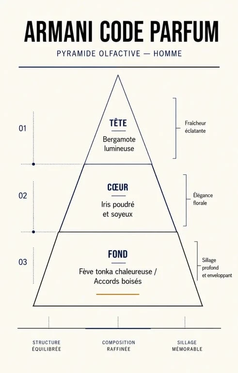 Pyramide olfactive de l’Armani Code Parfum homme avec bergamote, iris et fève tonka