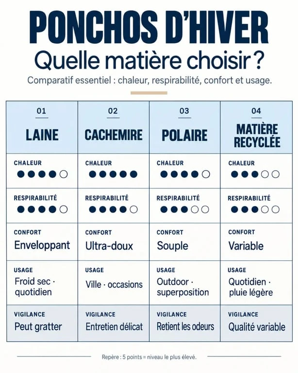 Infographie comparative des matières pour choisir un poncho hiver