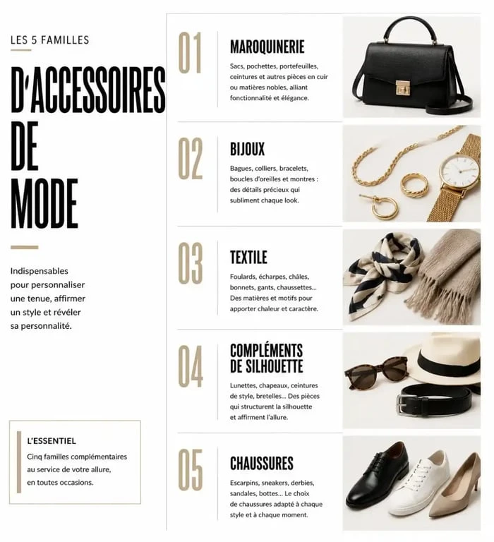 Infographie des cinq familles d'accessoires de mode pour structurer son style