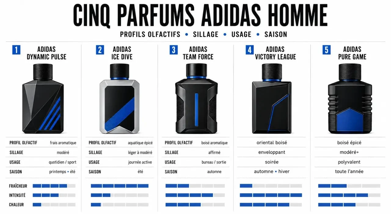 Comparaison visuelle des parfum pour homme adidas avec profils olfactifs, sillage et usages