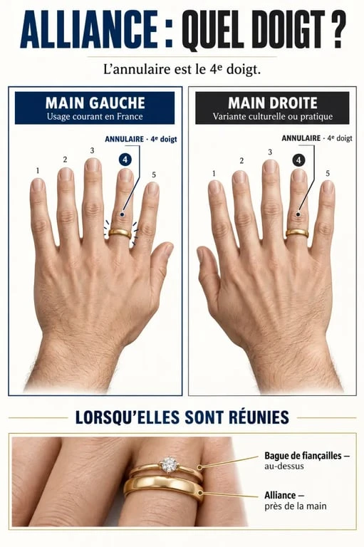 Infographie alliance doigt homme : annulaire gauche en France et variantes de placement