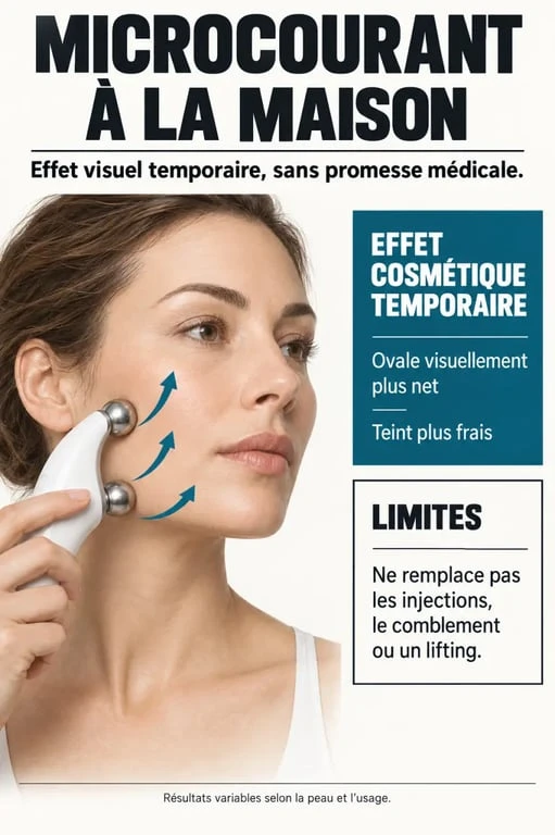 Schéma du soin du visage à microcourant à la maison, effets cosmétiques et limites