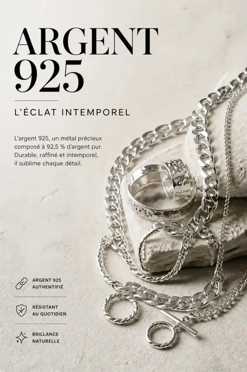 Accumulation de bijoux en argent fantaisie 925 sur un fond épuré