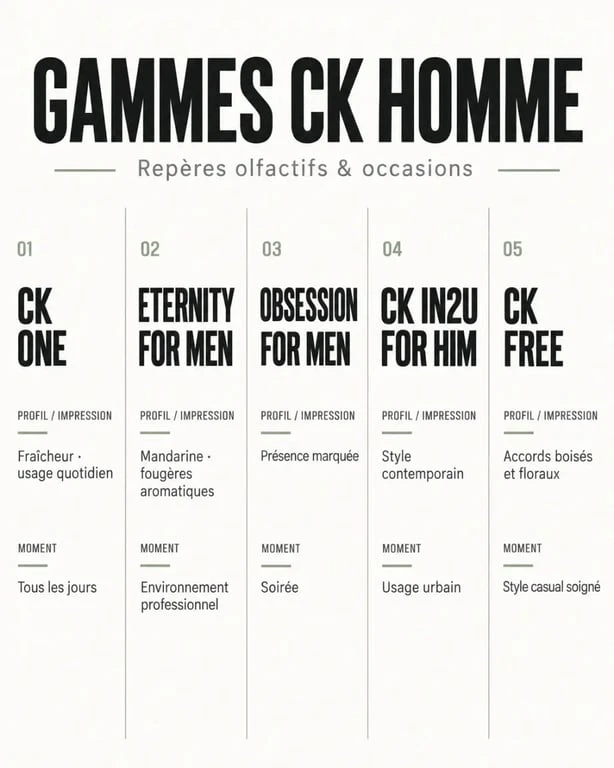 Infographie comparative des parfums CK homme CK One, Eternity, Obsession, CK IN2U et CK Free