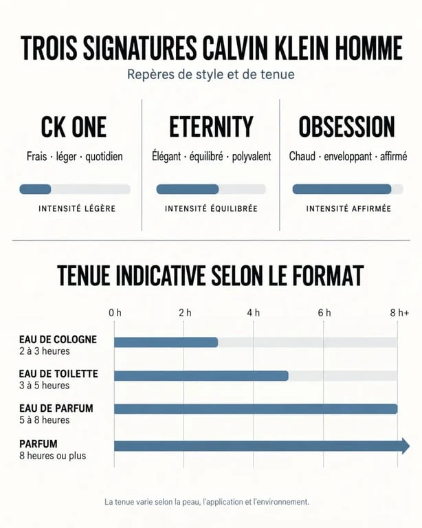 Infographie comparative du parfum Calvin Klein homme entre CK One, Eternity, Obsession et les différents formats