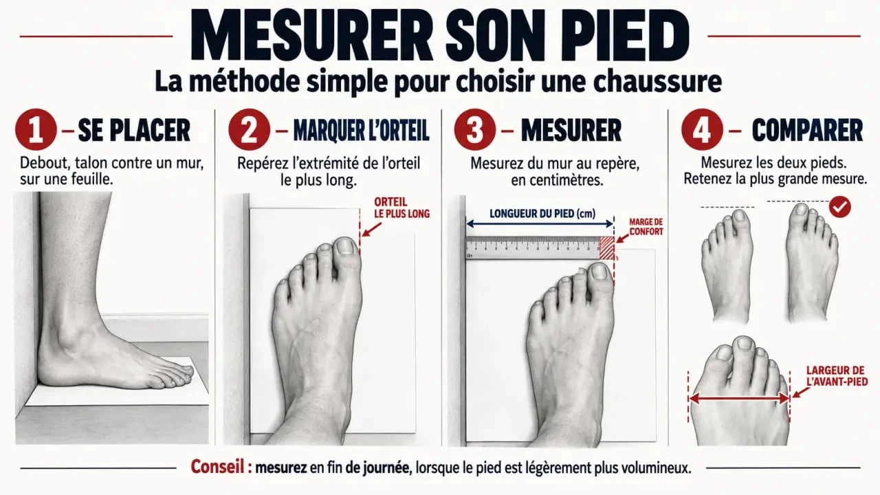 Infographie sur la moyenne pointure homme et la mesure de la longueur et de la largeur du pied