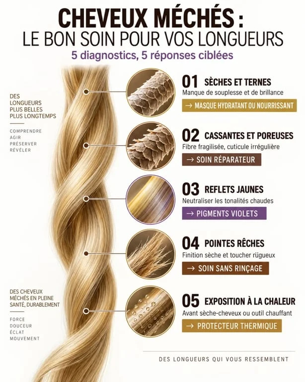 Infographie pour choisir le meilleur soin cheveux méchés selon l’état des longueurs