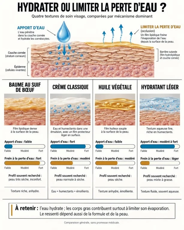 Infographie sur la beef tallow crème visage et la différence entre hydratation et occlusion