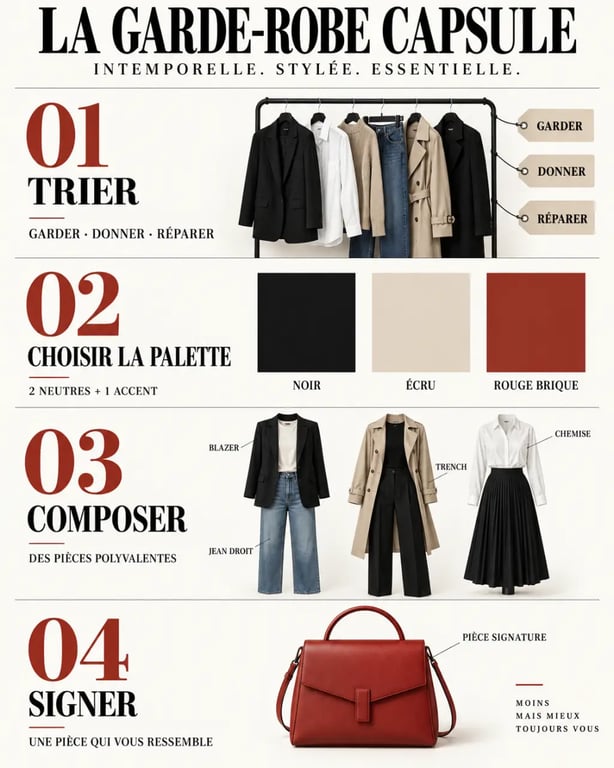 Illustration des étapes pour construire une garde-robe capsule intemporelle et stylée