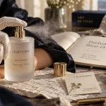 Parfum bien être : rituel olfactif sur un poignet, flacon et brume parfumée