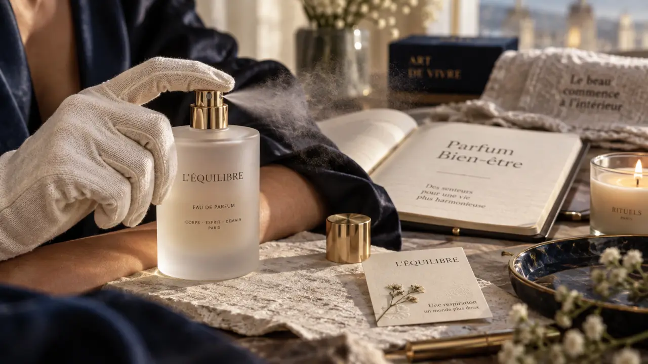 Parfum bien être : rituel olfactif sur un poignet, flacon et brume parfumée
