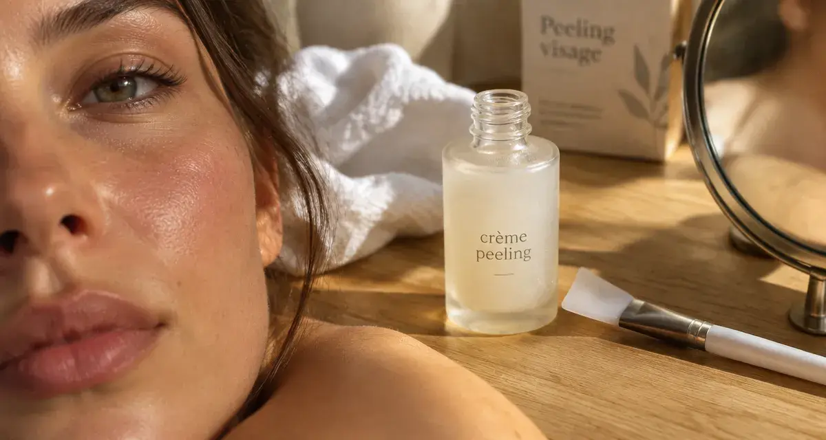 Crème peeling visage sur table, flacon et pinceau