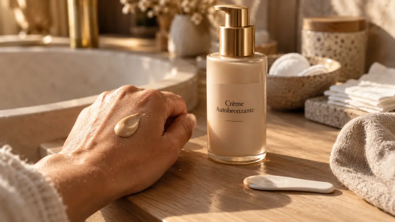 Crème visage autobronzante sur peau, hâle progressif sans démarcations