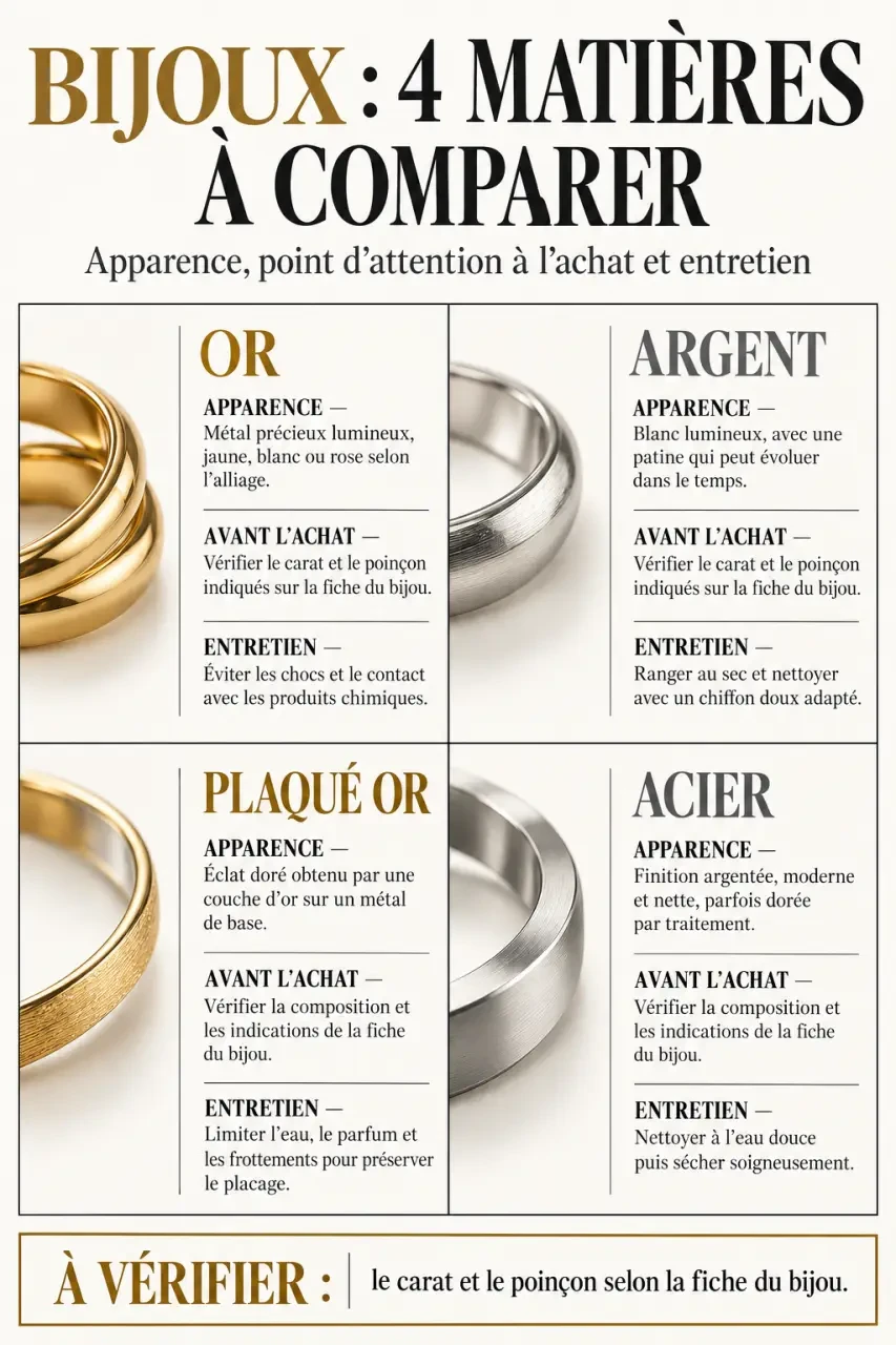 Infographie pour choisir des bijoux histoire d or femme selon la matière et l entretien
