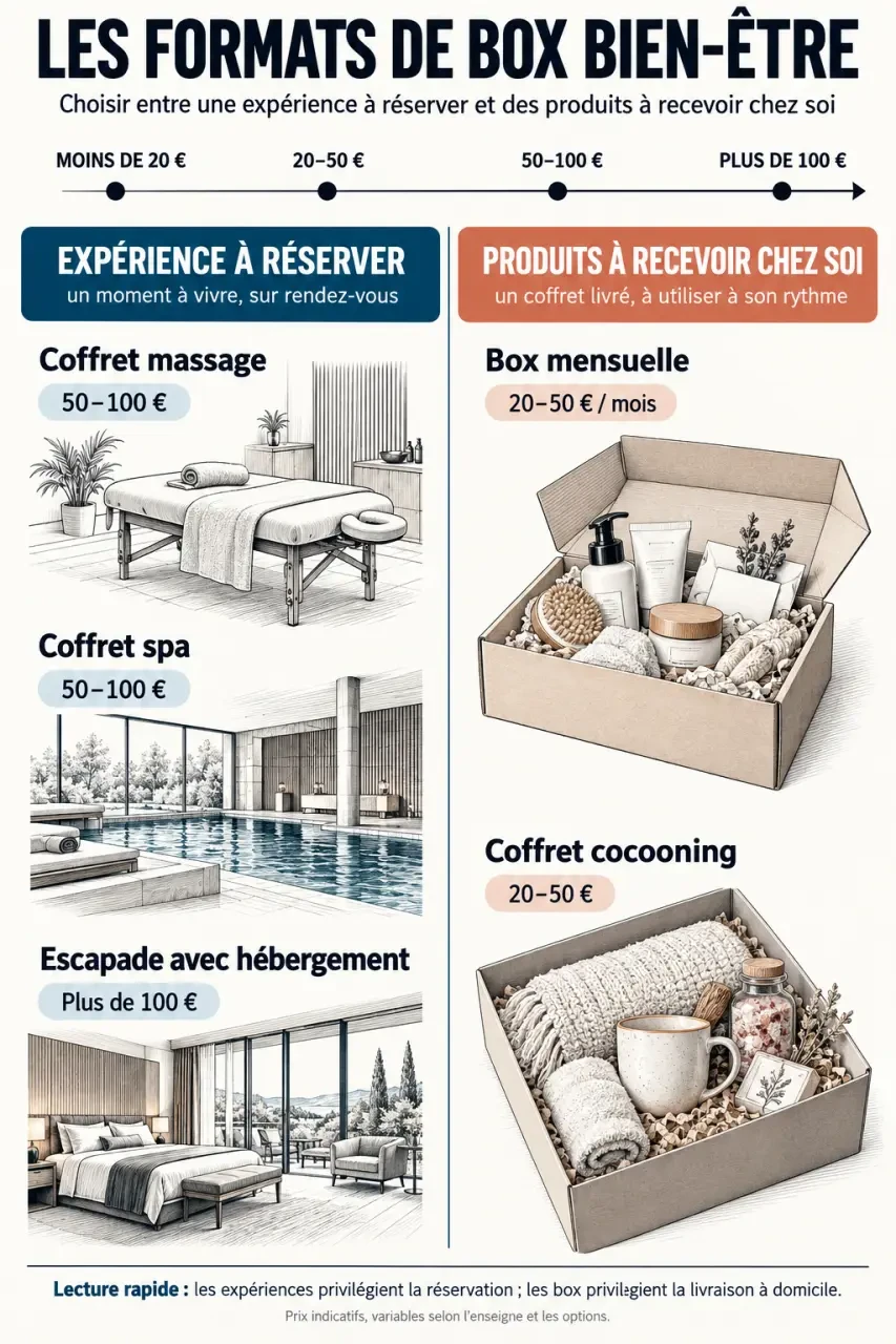 Box bien-être : comparaison visuelle des coffrets massage, spa, mensuels et cocooning