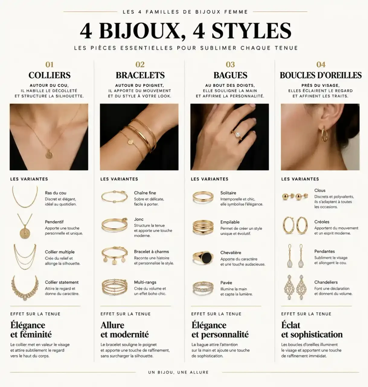 Zara bijoux femme : les quatre familles de bijoux (colliers, bracelets, bagues, boucles d'oreilles) et l'effet de chacune sur une tenue