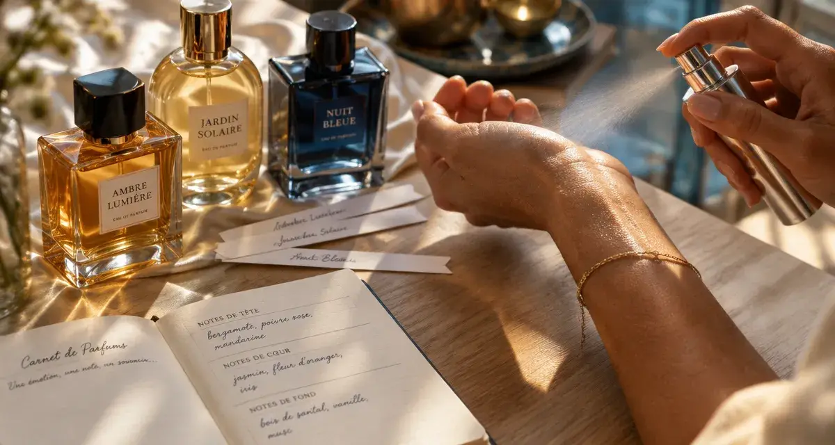Parfum paco rabanne femme : flacons sur table, notes de tête cœur fond