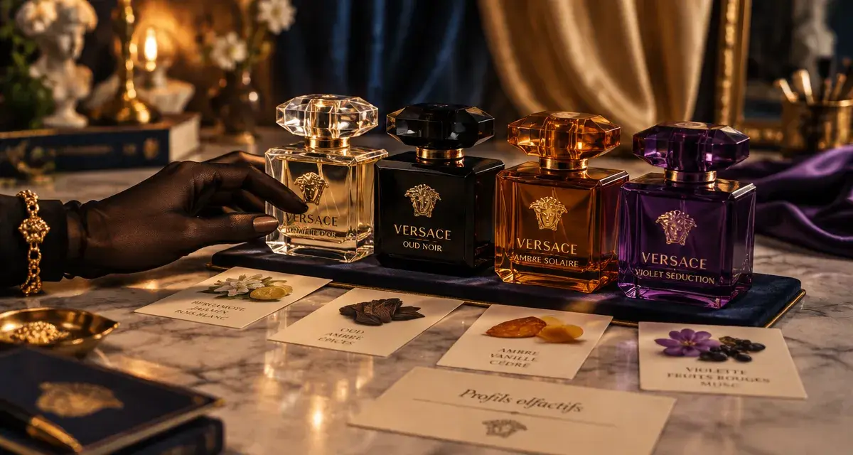 Parfum versace femme : quatre flacons sur fond studio, sillage intense